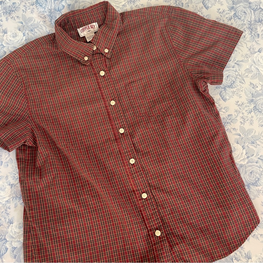 Vintage Made in USA Large Short Sleeved Button Down Top Red Chest Pocket Nerd